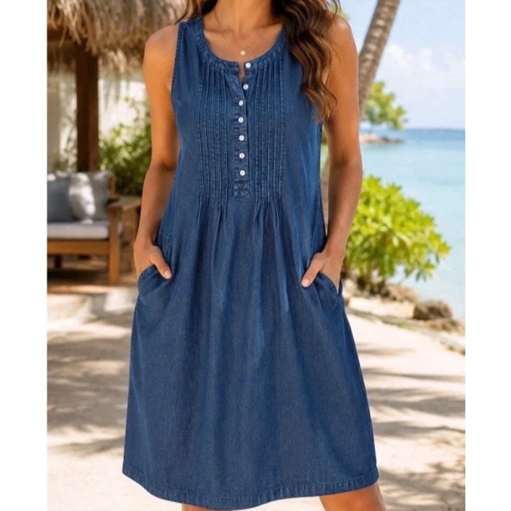 Coldwater Creek Dark Blue Tencel Lyocell Pintuck Sleeveless Dress XXL Chambray